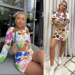 With Jean Hermana Dress Floral Daisy Viola Tricolor Cinched Top Cutout Mini 90s